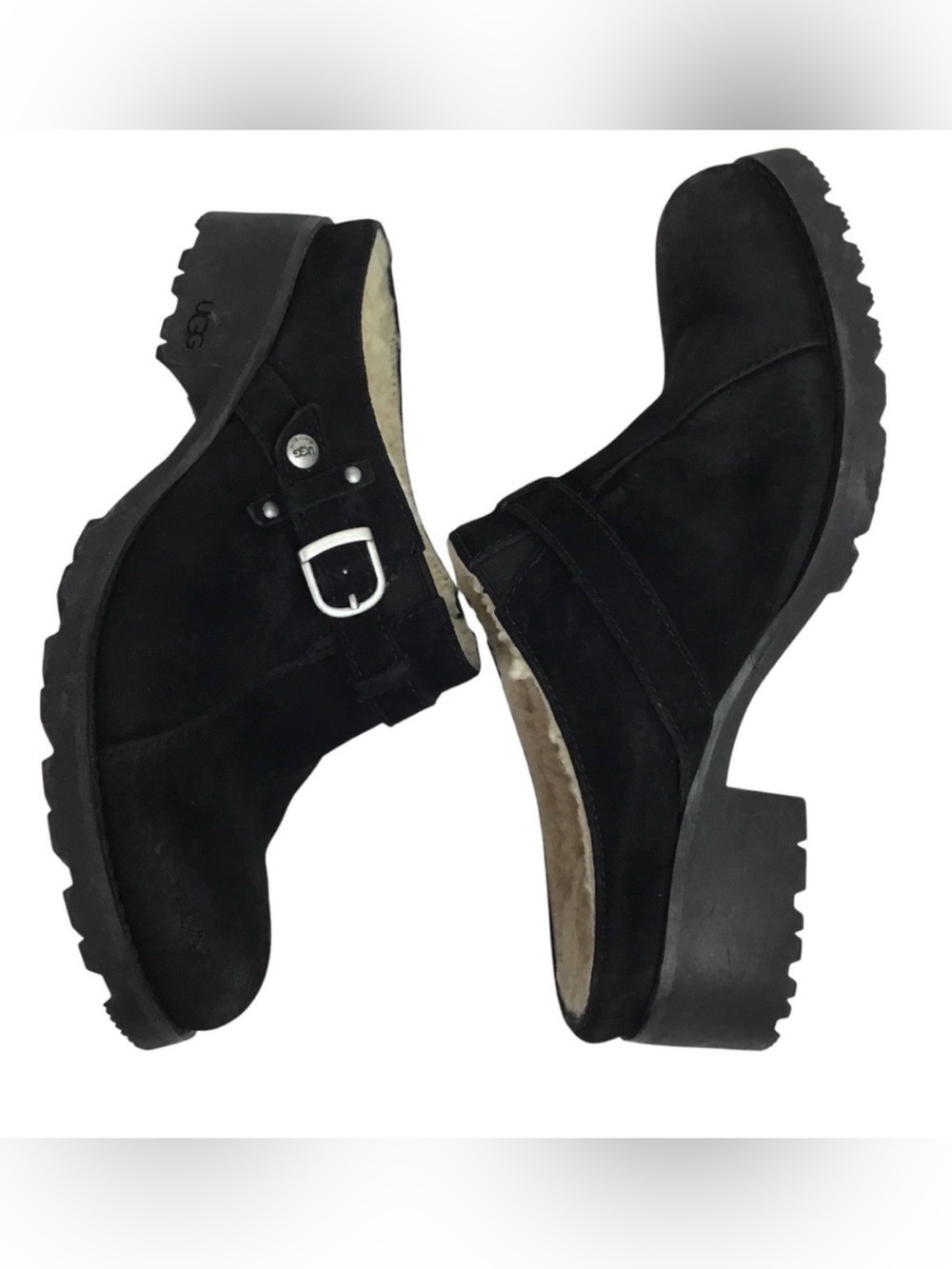 UGG Black Suede Clog Mules with Buckle